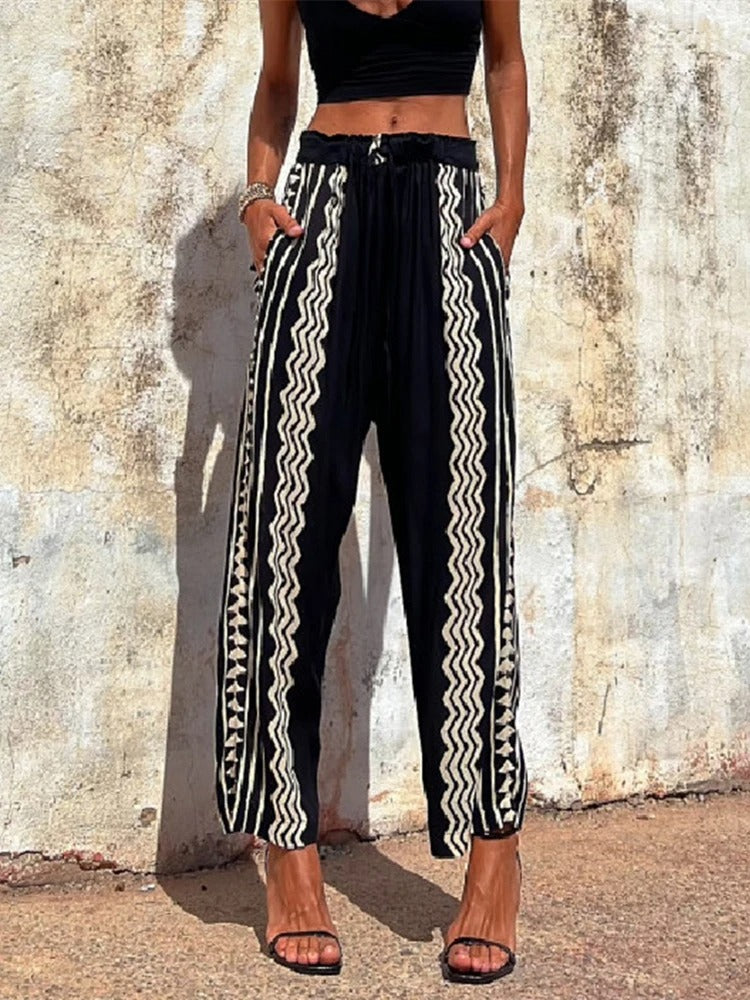 Pauline Pantalon à poches à taille élastique imprimé ethnique