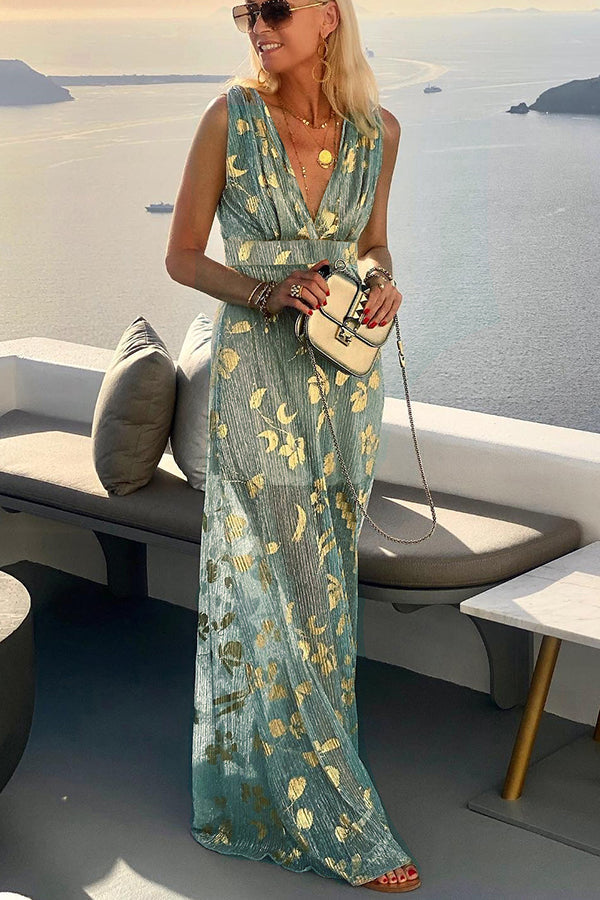 Solène | Robe longue à col en V avec paillettes dorées