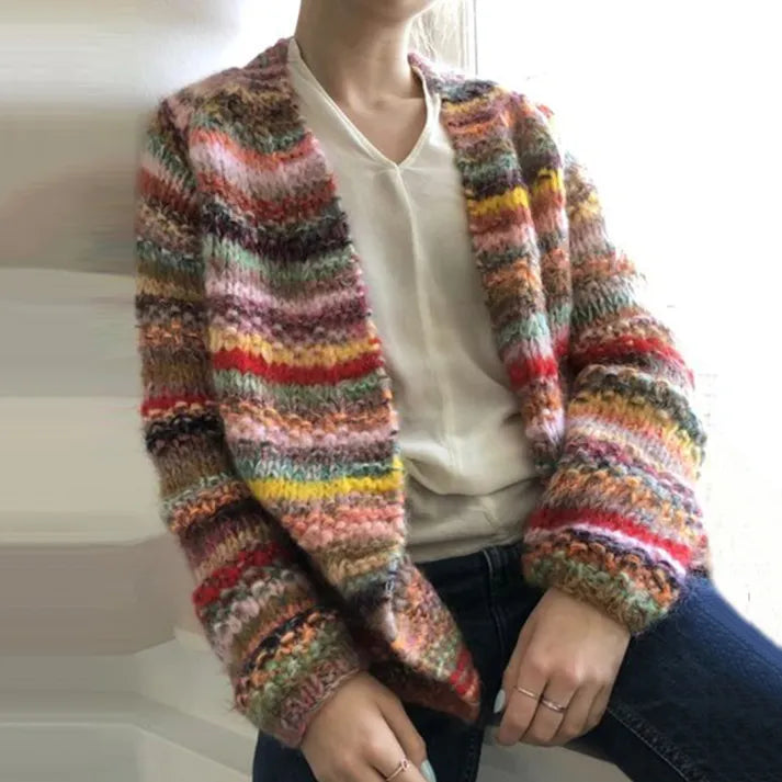 Pull confortable en jacquard à blocs de couleurs arc-en-ciel vintage