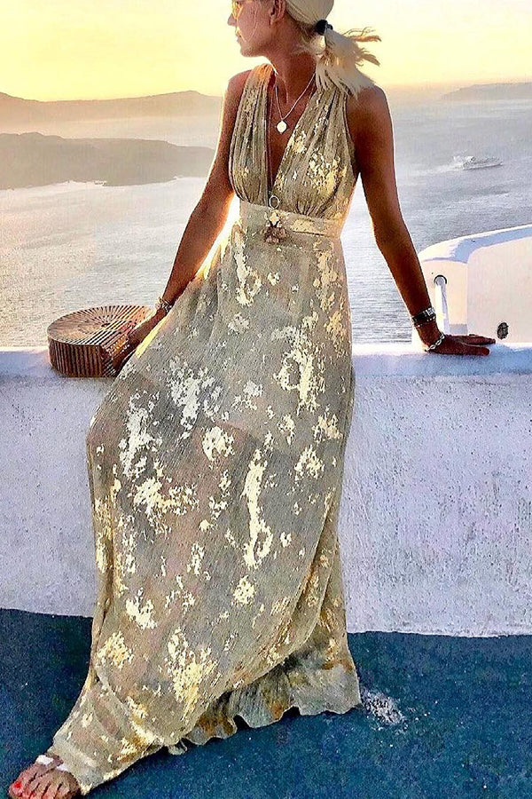 Solène | Robe longue à col en V avec paillettes dorées