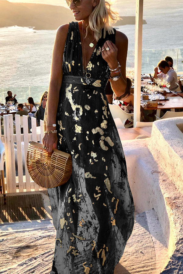Solène | Robe longue à col en V avec paillettes dorées