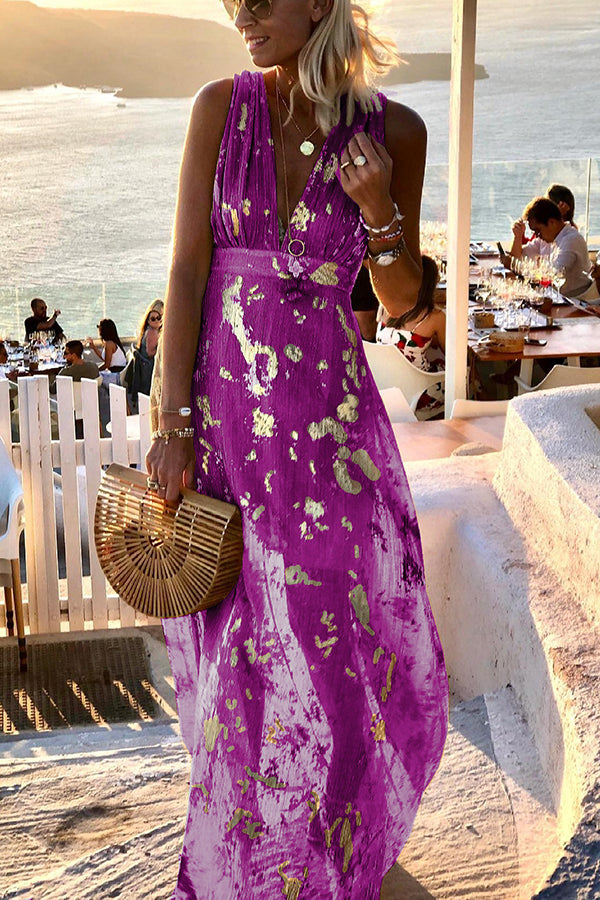 Solène | Robe longue à col en V avec paillettes dorées