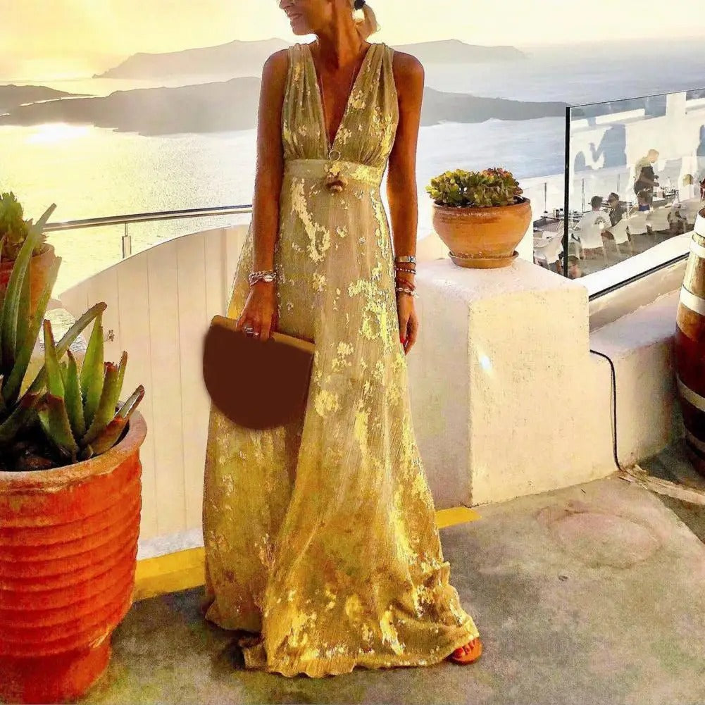 Solène | Robe longue à col en V avec paillettes dorées