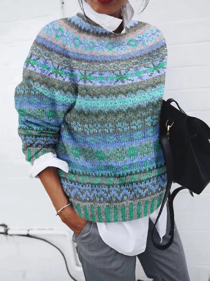 Pull Jacquard Ondulé Ethnique Vintage Avec Couleurs D'Impression Contrastées