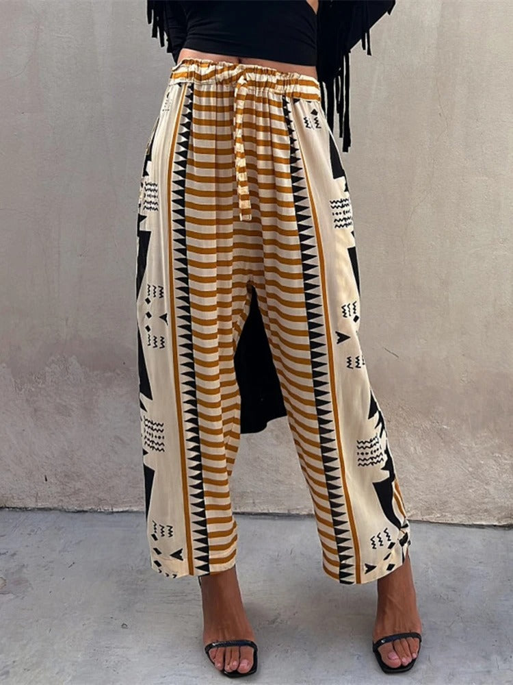 Pauline Pantalon à poches à taille élastique imprimé ethnique