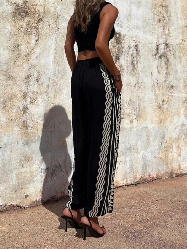 Pauline Pantalon à poches à taille élastique imprimé ethnique