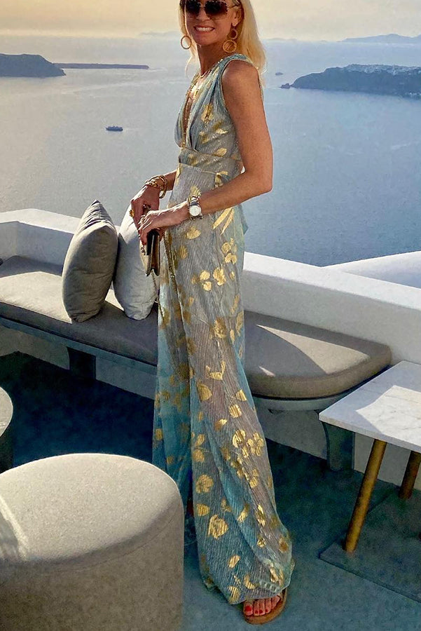 Solène | Robe longue à col en V avec paillettes dorées