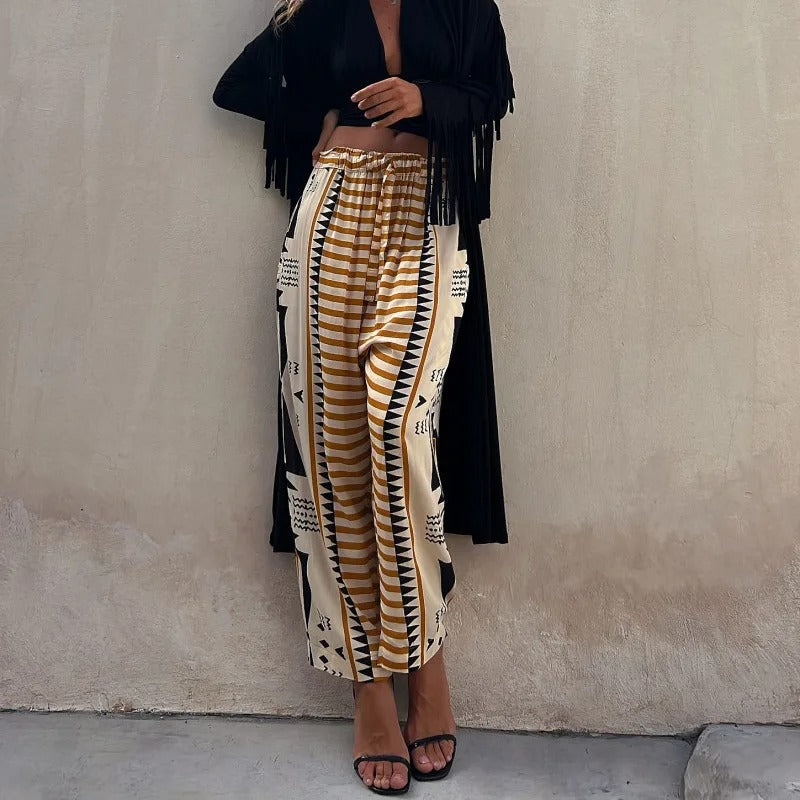 Pauline Pantalon à poches à taille élastique imprimé ethnique