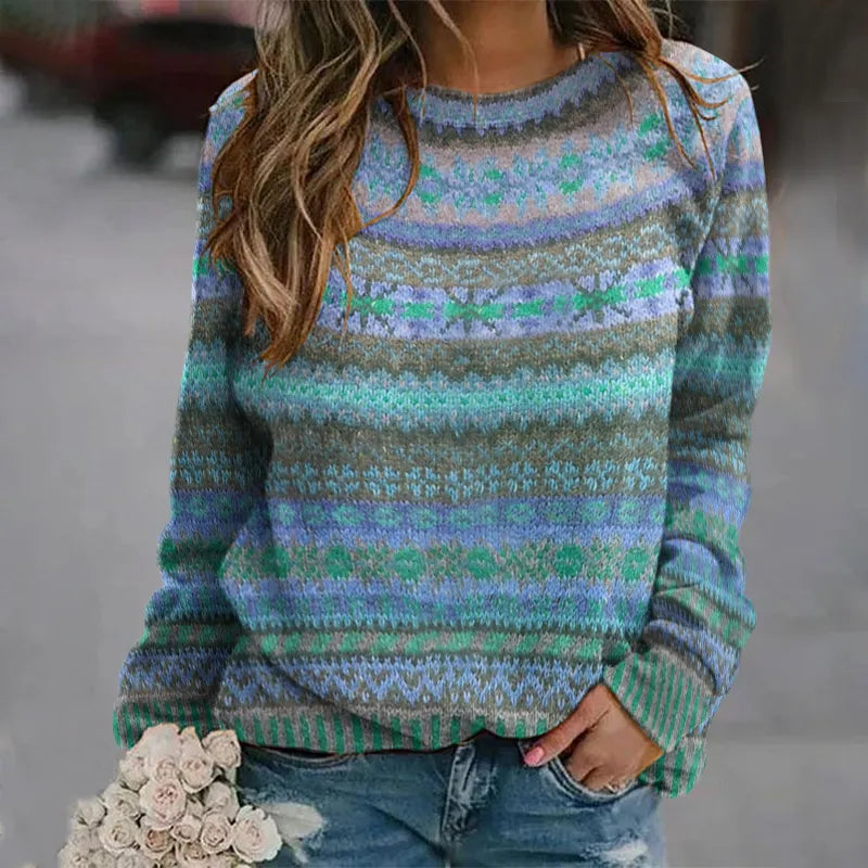 Pull jacquard à col rond de style ethnique vintage