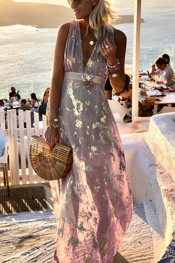 Solène | Robe longue à col en V avec paillettes dorées
