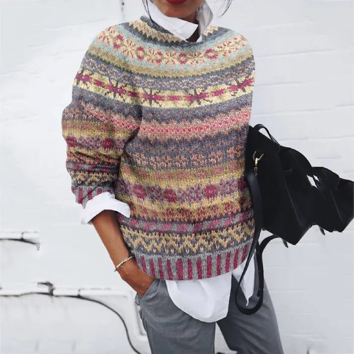 Pull Jacquard Ondulé Ethnique Vintage Avec Couleurs D'Impression Contrastées