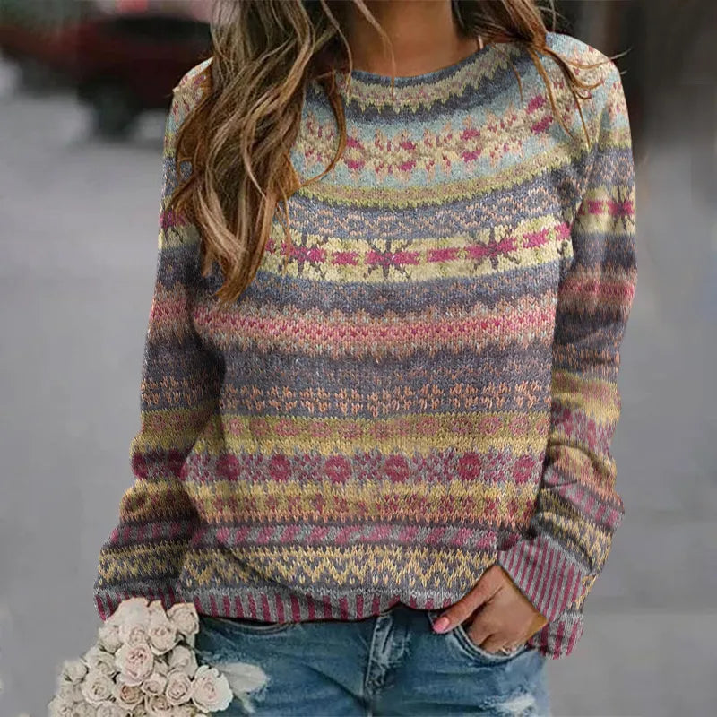 Pull jacquard à col rond de style ethnique vintage
