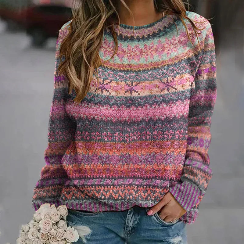 Pull jacquard à col rond de style ethnique vintage