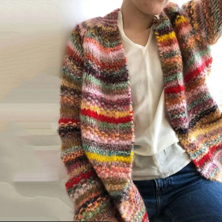 Pull confortable en jacquard à blocs de couleurs arc-en-ciel vintage