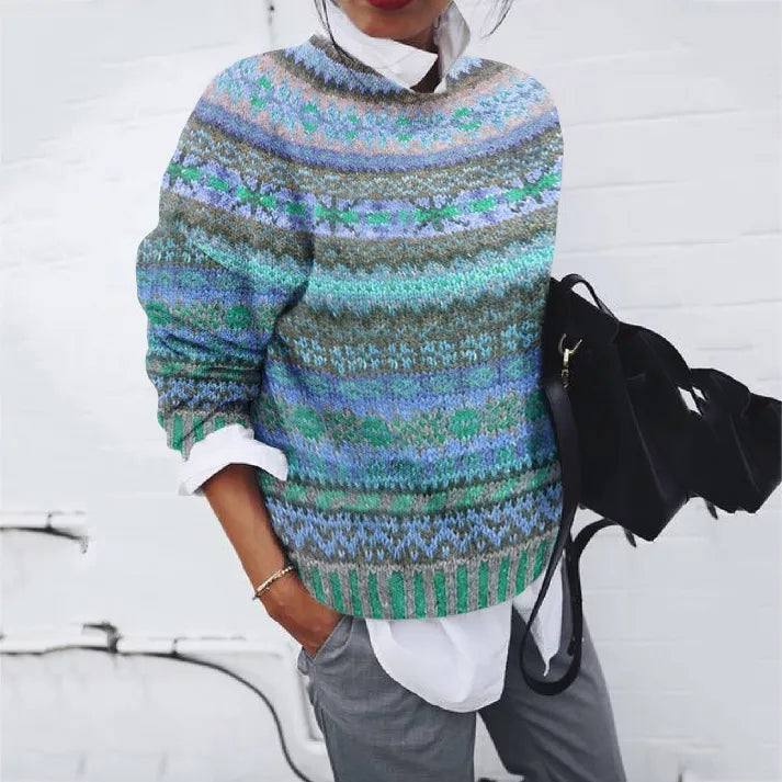 Pull Jacquard Ondulé Ethnique Vintage Avec Couleurs D'Impression Contrastées