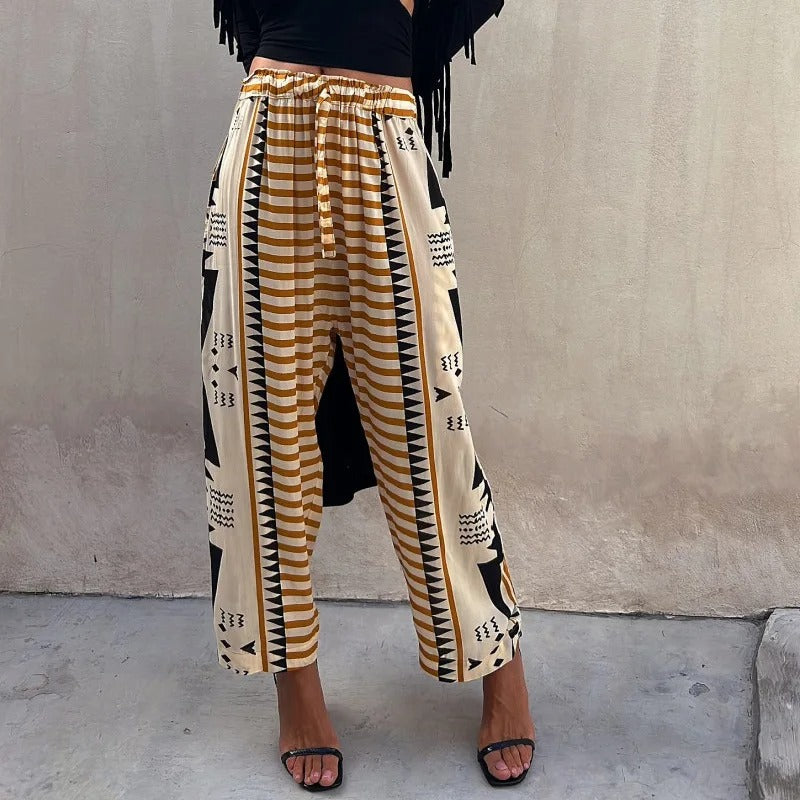 Pauline Pantalon à poches à taille élastique imprimé ethnique