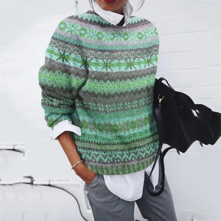 Pull Jacquard Ondulé Ethnique Vintage Avec Couleurs D'Impression Contrastées