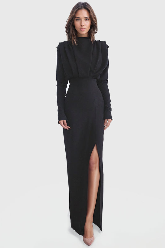 Florence | Robe longue noire sophistiquée avec fente haute et manches longues