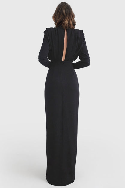 Florence | Robe longue noire sophistiquée avec fente haute et manches longues