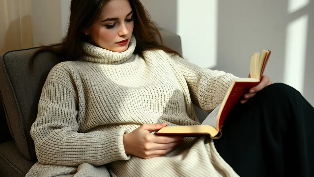 Femme avec un pull en cachemire et un livre