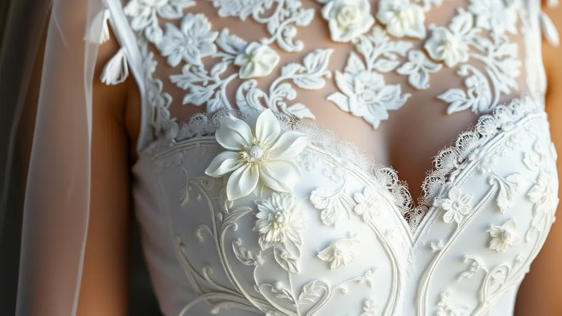 Détail de dentelle et de broderie sur une robe de mariée.
