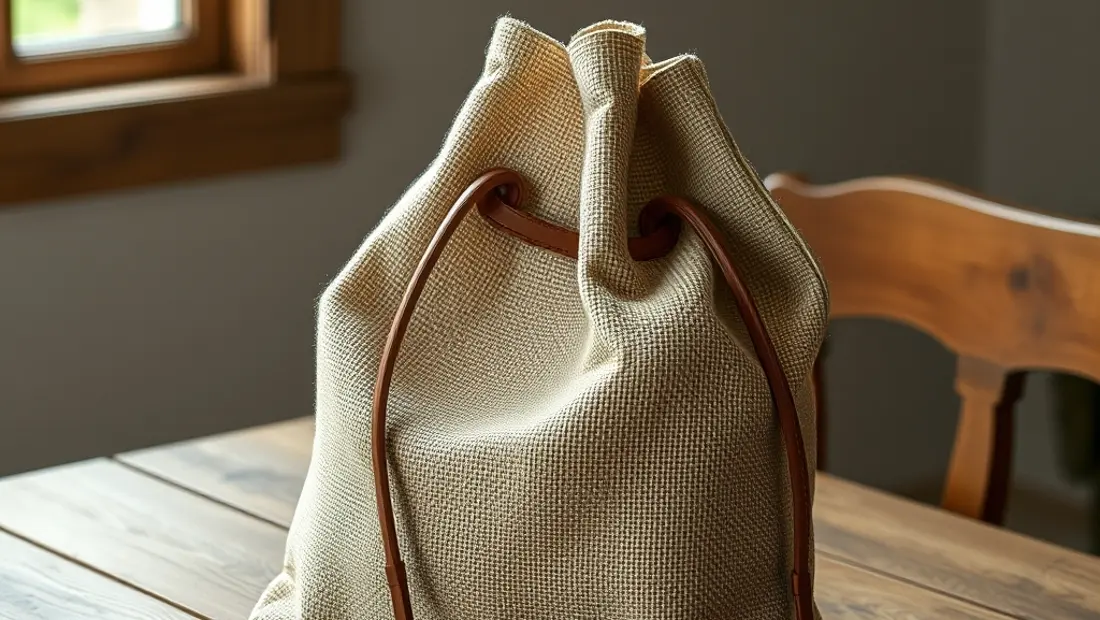 Un sac en toile de jute avec des cordons en cuir.
