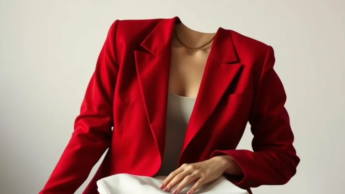 Blazer femme rouge sur une table en bois.