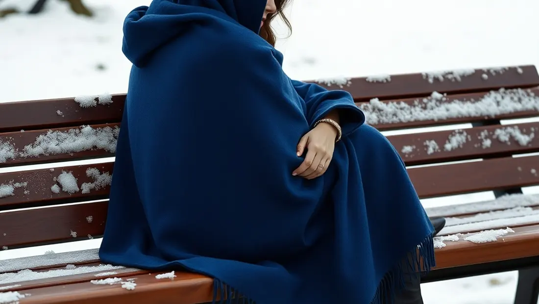 Femme en manteau bleu et écharpe enneigé
