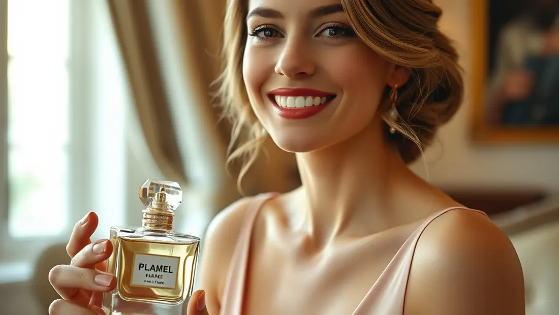 Femme avec un sourire et un flacon de parfum.