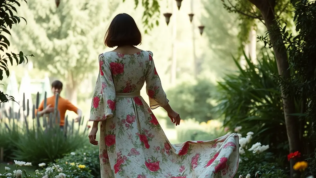 Femme dans un jardin fleuri portant une robe longue à fleurs