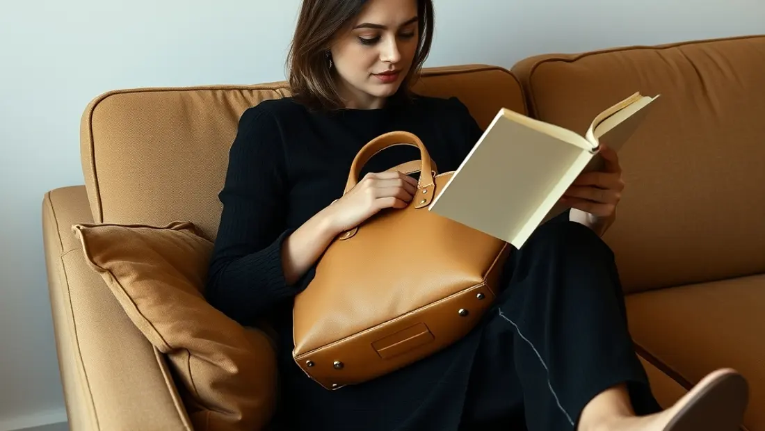 Femme tenant un sac à main en cuir beige et regardant un livre.