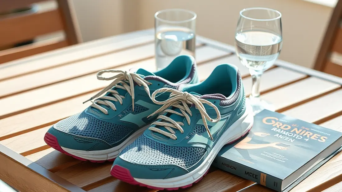 Des chaussures de running féminines sur une table de terrasse.