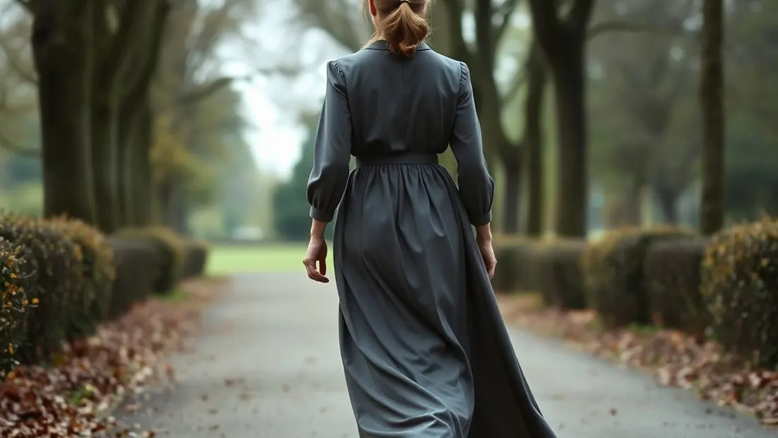 Robe en laine grise dans un parc automnal.